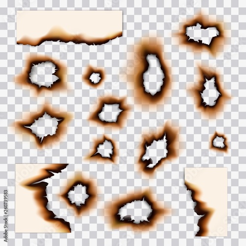 Paper burnt holes and scorched scraps edges