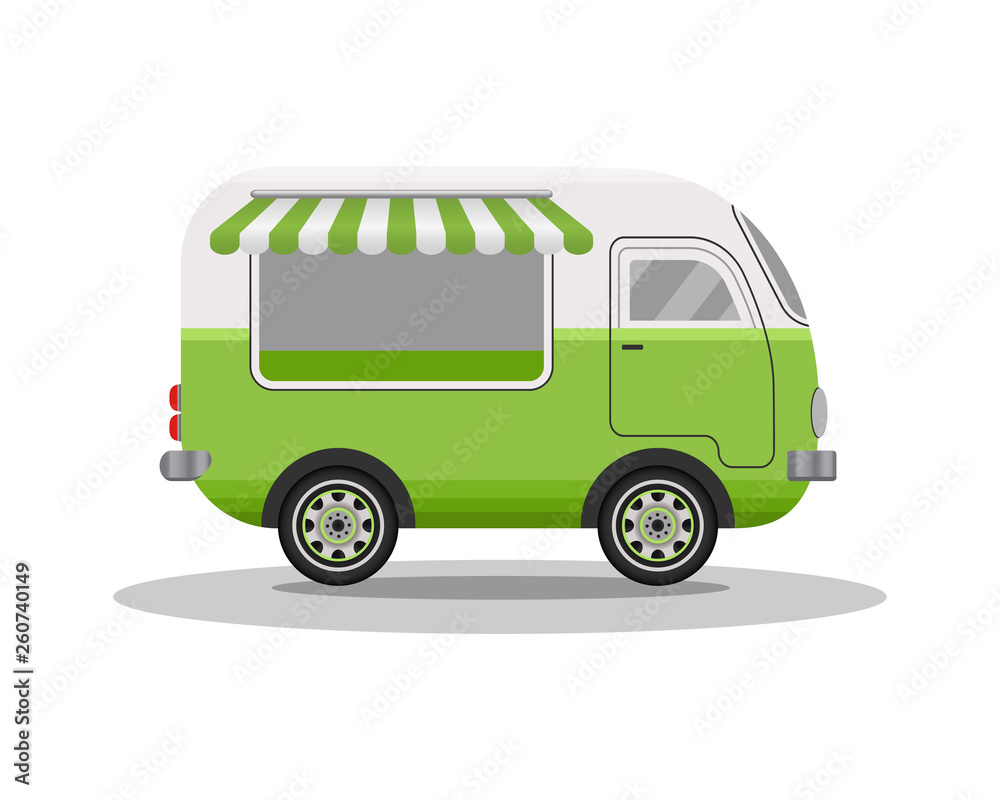 Street food truck concept. Street food vehicles, truck, van. Fast food delivery. Flat design style. Vector illustration.