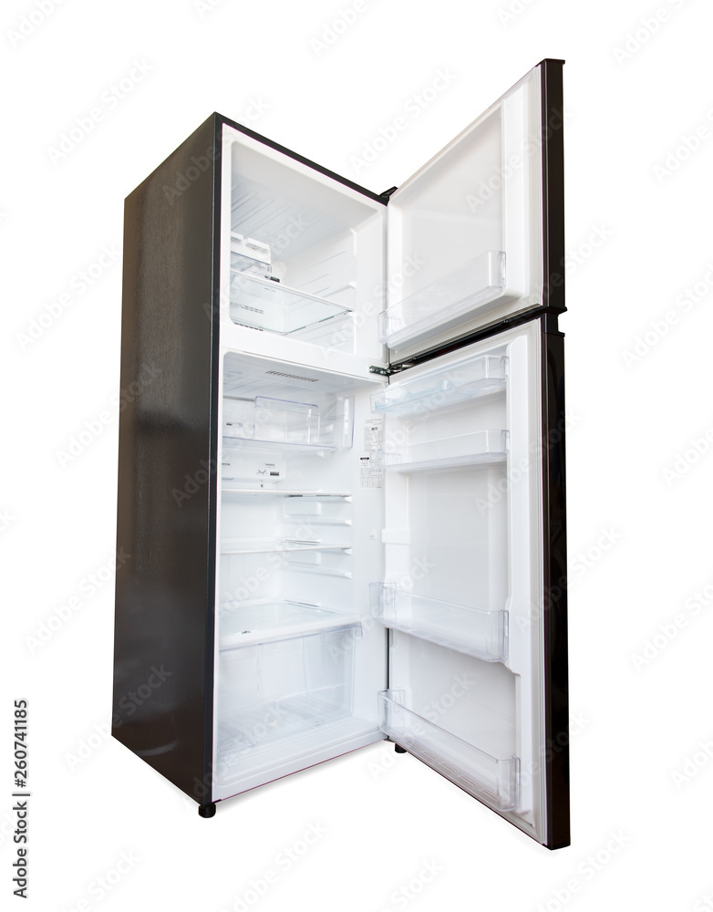 The open new fridge isolated on a white background. Empty refrigerator with open door. The open new fridge isolated on a white background. Empty refrigerator with open door.