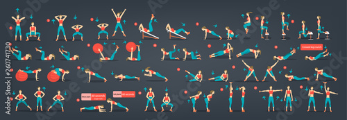 Workout girl set. Woman doing fitness and yoga exercises.