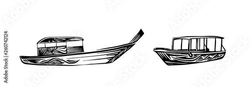 Traditional asian wooden boats. Hand drawn outline sketch. Vector black ink drawing isolated on white background. Graphic illustration
