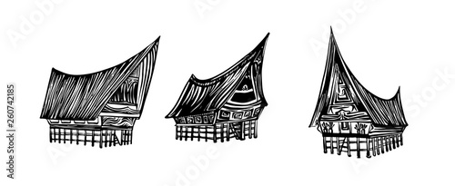 Indonesian traditional Batak house set. Hand drawn outline sketch. Vector black ink drawing isolated on white background. Graphic illustration photo