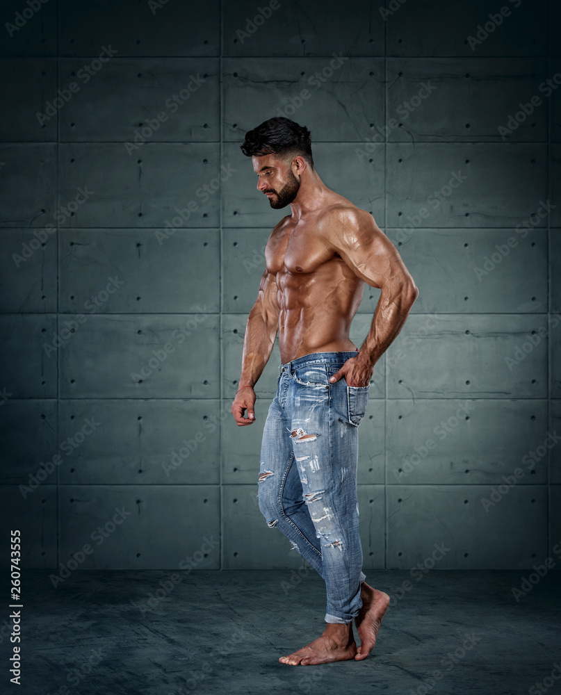 Shirtless Muscular Men in Jeans Stock Photo | Adobe Stock