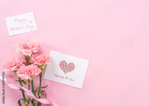 Beautiful fresh blooming baby pink color tender carnations isolated on bright pink background, mothers day thanks design concept,top view,flat lay,copy space,close up,mock up © RomixImage