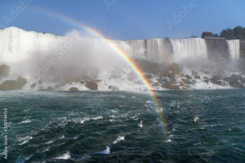 Rainbow over the waterfall, seagulls flying through water mist. Niagara Falls, Canada/USA.