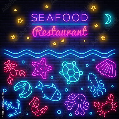 Seafood neon banner. Vector restaurant menu. Seafood Restaurant neon signboard. Marine food banner, flyer design, design template. Delicious cuisine objects. Use for promotion, market, store banner