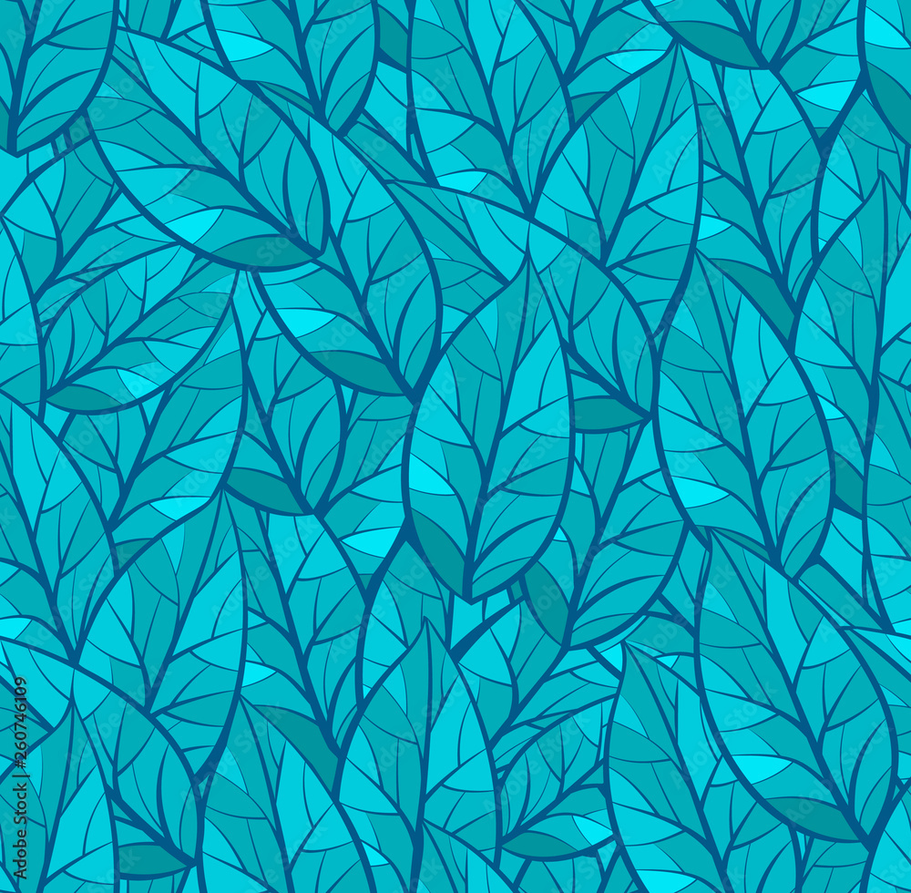 Abstract seamless vector pattern of leaves.  Winter theme. Dark and light Turquoise, blue, green colors. Isolated