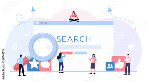 Web search. Flat design business people concept. Vector illustration for banner, presentation, advertising. young people using mobile smarthone and laptop for searching info in web browser.