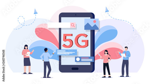 Fifth generation wireless 5g letters on smartphone screen. Addicted to networks people using high speed wireless connection 5G via mobile smartphone