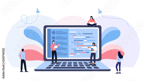 Young programmers coding a new project sitting on big laptop with command line. Flat vector illustration of young programmer using programmimg skills. Laptop screen with program code
