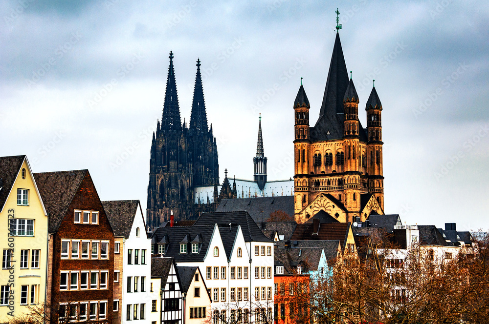 Fototapeta premium City center with Cathedral, Great St. Martin Church in Cologne, Germany