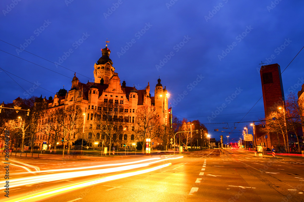 View of New Rathaus in Leipzig, Germany at sunset