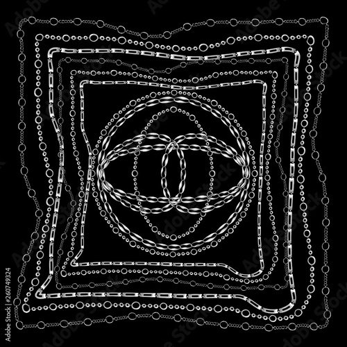 Chains Bandanna Square Silk Scarf Template with vector pattern for textile or fabric. Sliver Chain on Black