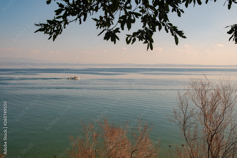 Scenic view of Lake Garda with a passing boat and branches of trees in the foreground, Sirmione, Lombardy, Italy