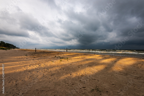 empty sea beach before storm with dramatic clouds and shadows from trees on the sand