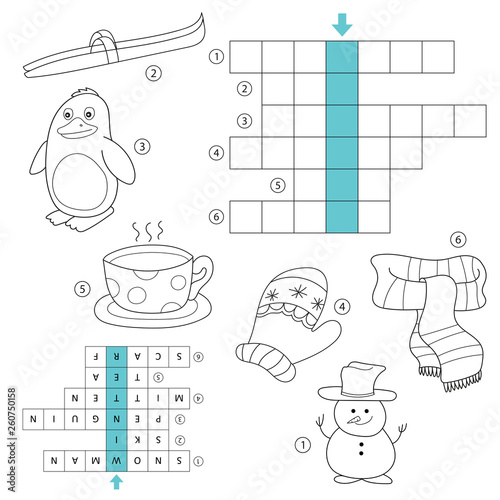 Winter crossword for kids. Task and answer. Coloring book for children of preschool and school age. With the answer.
