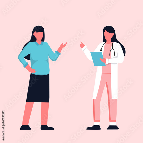 feamle doctor talking with patient. Healthcare services, Ask a doctor. Therapist in uniform with stethoscope. Gynecologist and urologist, medical team concept. Medical clinic staff.