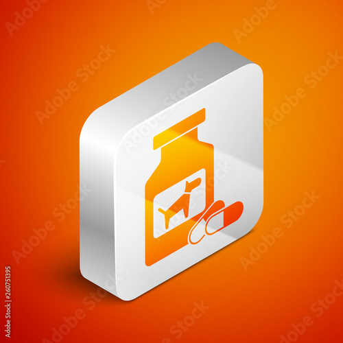 Isometric Dog medicine bottle and pills icon isolated on orange background. Container with pills. Prescription medicine for animal. Silver square button. Vector Illustration