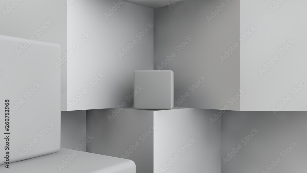 3D illustration of a room with cubic niches. On the floor are the large cubes and small lies in a niche. Abstraction. Surrealism, background. 3D rendering.