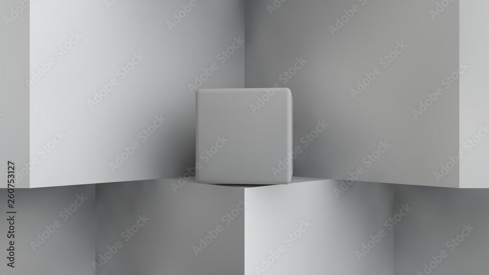 3D illustration of a room with cubic niches. On the floor are the large cubes and small lies in a niche. Abstraction. Surrealism, background. 3D rendering. 3D illustration of a room with cubic niches. On the floor are the large cubes and small lies in a niche. Abstraction. Surrealism, background. 3D rendering.