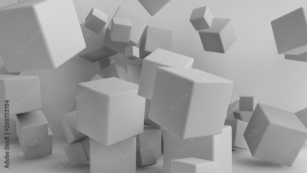 3D illustration of cubes of different sizes flying around the room. Cubes in the air, randomly distributed and warped in space, cast shadows. Geometrical abstraction. 3D rendering of the explosion 3D illustration of cubes of different sizes flying around the room. Cubes in the air, randomly distributed and warped in space, cast shadows. Geometrical abstraction. 3D rendering of the explosion