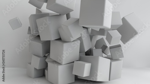 3D illustration of white cubes of different sizes in the room. Cubes hang in the air  randomly distributed and warped in space  casting shadows. Geometrical abstraction. 3D rendering