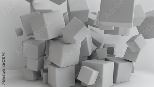 3D illustration of white cubes of different sizes in the room. Cubes hang in the air, randomly distributed and warped in space, casting shadows. Geometrical abstraction. 3D rendering