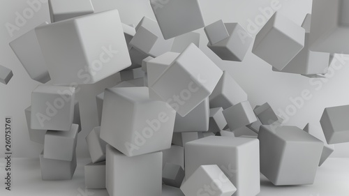 Fototapeta Naklejka Na Ścianę i Meble -  3D illustration of cubes of different sizes flying around the room. Cubes in the air, randomly distributed and warped in space, cast shadows. Geometrical abstraction. 3D rendering of the explosion