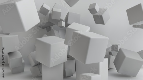 3D illustration of cubes of different sizes flying around the room. Cubes in the air  randomly distributed and warped in space  cast shadows. Geometrical abstraction. 3D rendering of the explosion