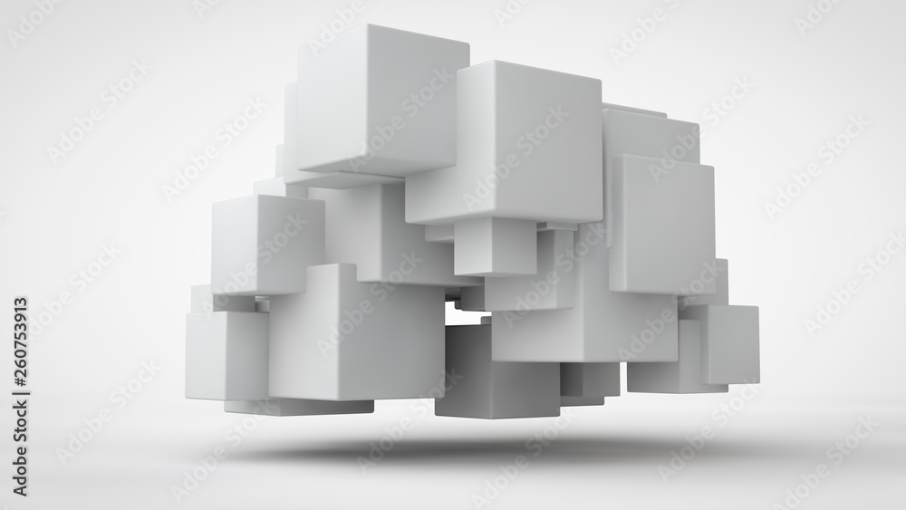 3D rendering lots of white cubes in space, randomly arranged, of different sizes, hanging in the air. Abstract representation of geometrically correct objects. Isolated on white background 3D rendering lots of white cubes in space, randomly arranged, of different sizes, hanging in the air. Abstract representation of geometrically correct objects. Isolated on white background