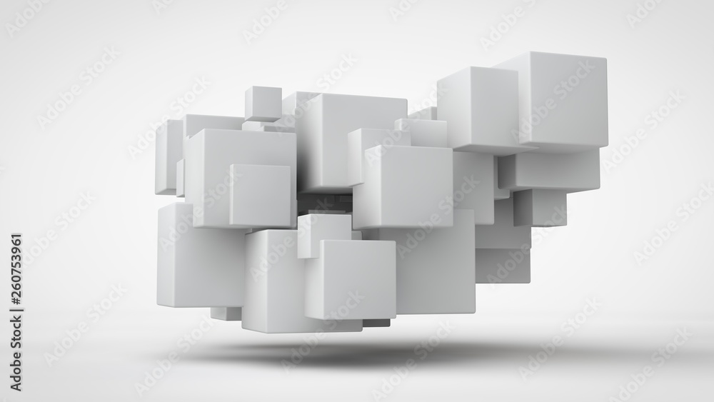 3D rendering lots of white cubes in space, randomly arranged, of different sizes, hanging in the air. Abstract representation of geometrically correct objects. Isolated on white background 3D rendering lots of white cubes in space, randomly arranged, of different sizes, hanging in the air. Abstract representation of geometrically correct objects. Isolated on white background