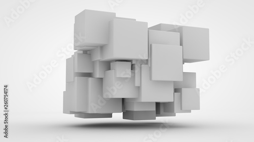 3D rendering lots of white cubes in space  randomly arranged  of different sizes  hanging in the air. Abstract representation of geometrically correct objects. Isolated on white background