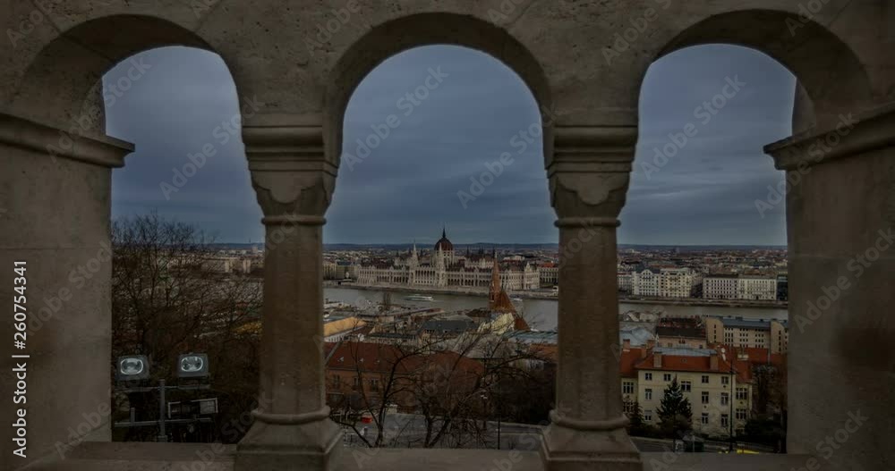 BUDAPEST, HUNGARY - JANUARY 16, 2019 : Aerial view of buildings, Danube river and and bridge in old city Budapest. Time lapse BUDAPEST, HUNGARY - JANUARY 16, 2019 : Aerial view of buildings, Danube river and and bridge in old city Budapest. Time lapse
