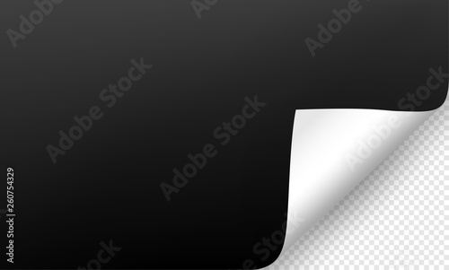 Vector illustration of the black paper blank page with curled corner and shadow on transparent background for advertising and promotional message . Idea for your design and business.