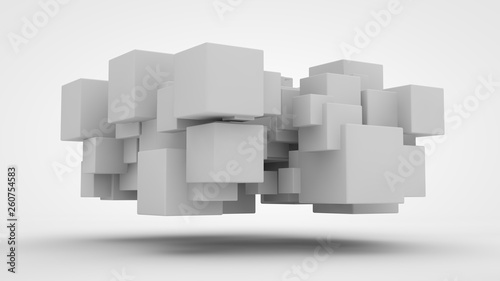 3D rendering lots of white cubes in space, randomly arranged, of different sizes, hanging in the air. Abstract representation of geometrically correct objects. Isolated on white background