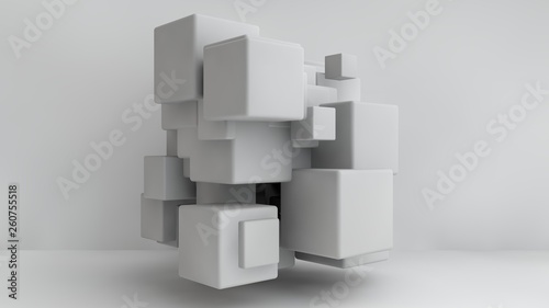 3D illustration of white cubes of different sizes in the room. Cubes hang in the air  randomly distributed in space  casting shadows. Geometrical abstraction. 3D rendering