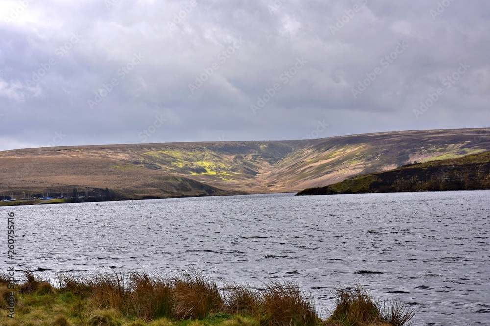 Landscape with reservoir and sky on the Pennines in yorkshire England