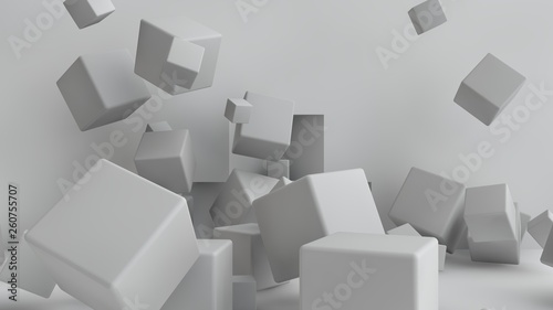 3D illustration of cubes of different size scattered randomly around the room. Cubes are chaotic in space  piling up and messing up. 3D rendering of a set of geometric shapes.