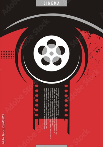 Cinema poster design. Film festival flyer. Movie ad with human eye made from film roll and film strip. Vector illustration for movie industry.