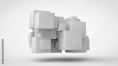 3D rendering lots of white cubes in space, randomly arranged, of different sizes, hanging in the air. Abstract representation of geometrically correct objects. Isolated on white background