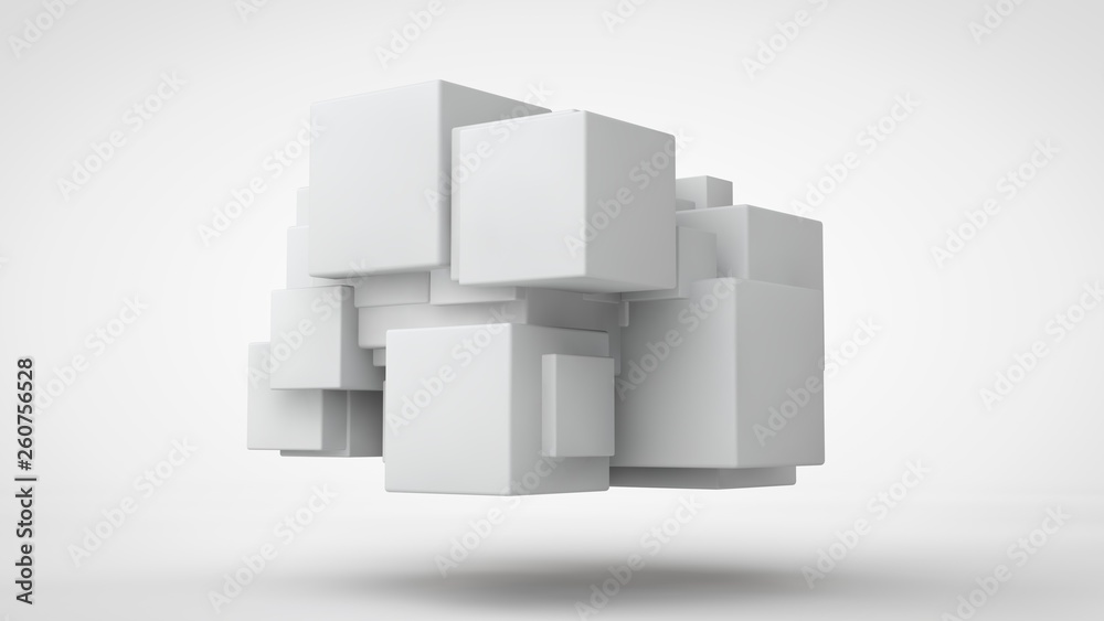 3D rendering lots of white cubes in space, randomly arranged, of different sizes, hanging in the air. Abstract representation of geometrically correct objects. Isolated on white background 3D rendering lots of white cubes in space, randomly arranged, of different sizes, hanging in the air. Abstract representation of geometrically correct objects. Isolated on white background