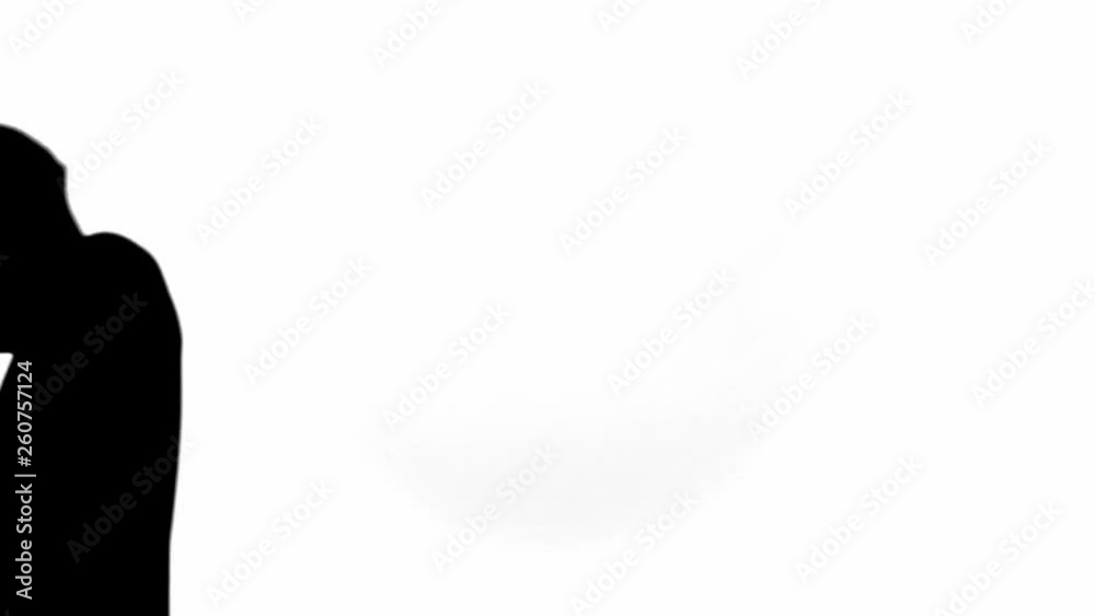 Side view of silhouettes of frightened girl running from criminal with knife isolated on white