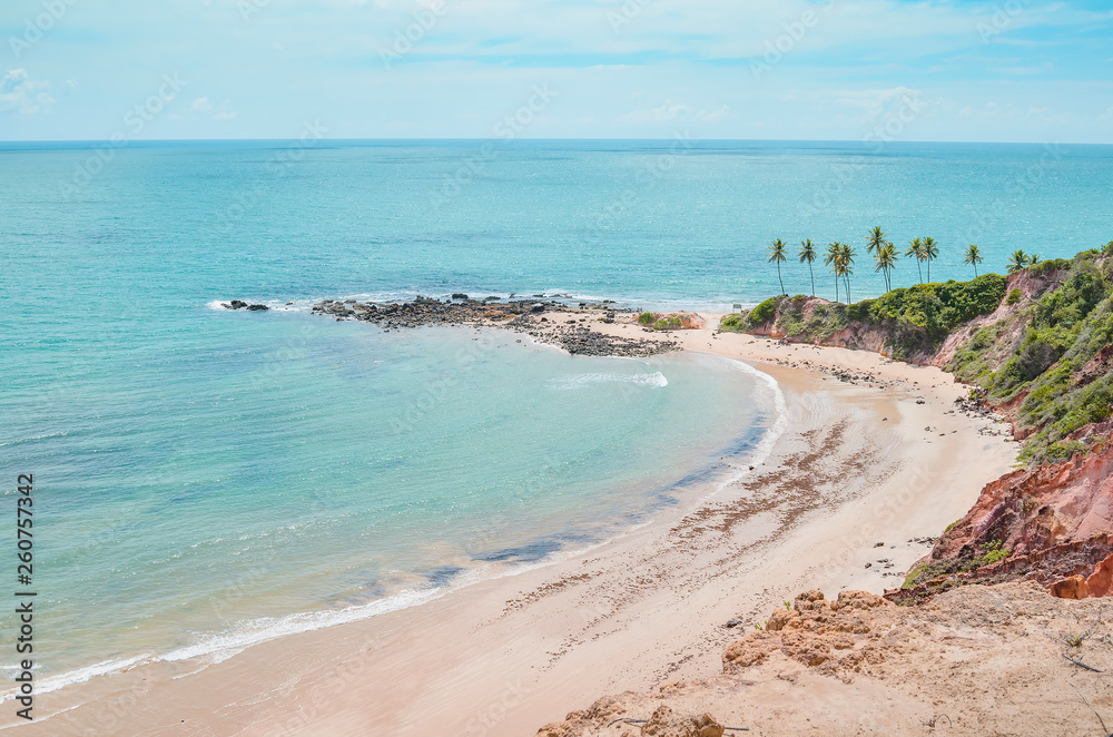 Top view of Praia de Tabatinga at Costa do Conde, Conde PB, Brazil. View of a northeastern Brazilian beach, the sea and nature around.