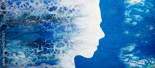 Abstract painting with liquid acrylic. Profile of the girl from the sea foam.