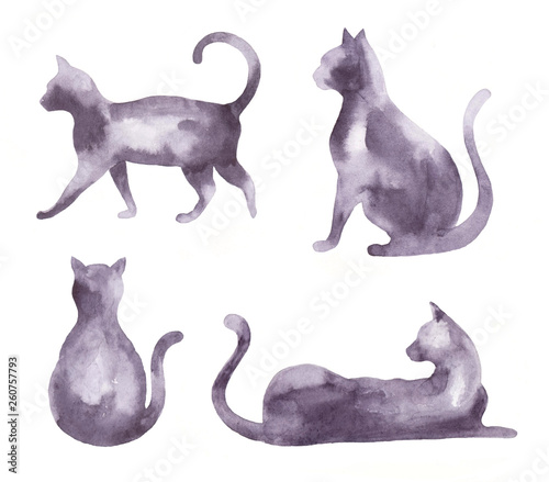 Watercolor set of silhouettes of cats