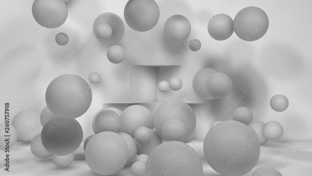 3D illustration of many white spheres of different sizes flying in the space of the room. The idea of disorder and chaos. A cloud of geometric elements. 3D rendering