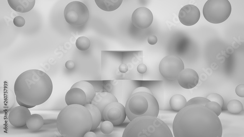 3D illustration of many white spheres of different sizes flying in the space of the room. The idea of disorder and chaos. A cloud of geometric elements. 3D rendering