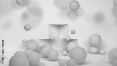 3D illustration of many white spheres of different sizes flying in the space of the room, scattered on . The idea of disorder and chaos. A cloud of geometric elements. 3D rendering © Станислав Чуб