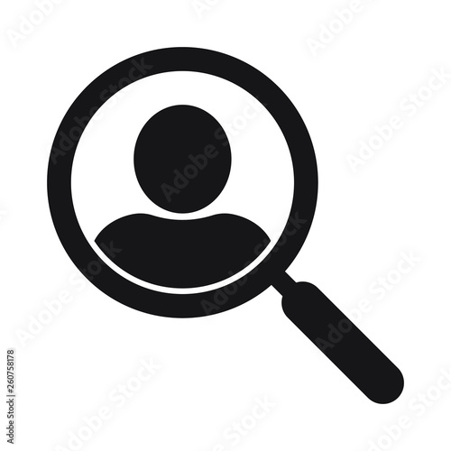 Magnifying glass looking for people icon, employee search symbol concept, headhunting, staff selection, vector illustration