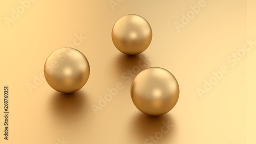 Golden 3d render sphere balls on metal background with reflection. Modern luxury design element for banner sale design. Christmas illustration.